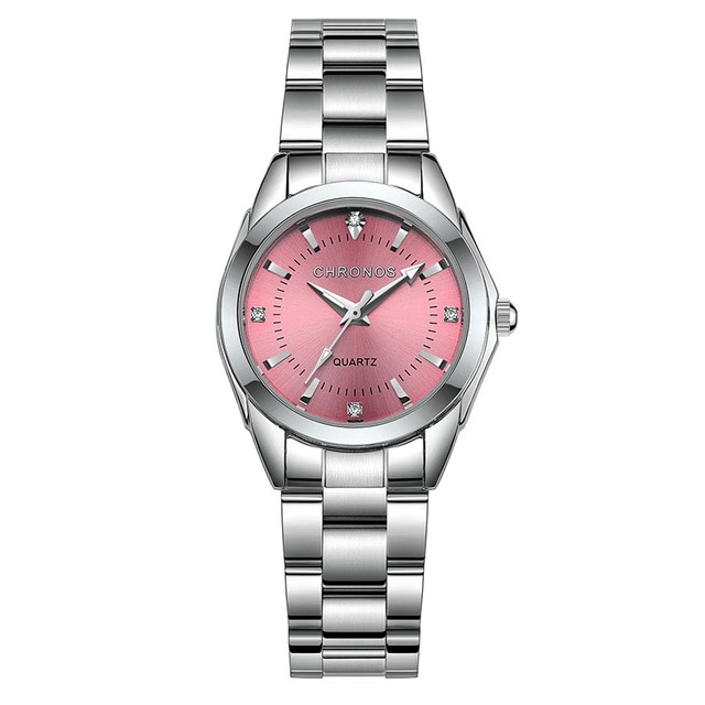 Srebrny zegarek z różową tarczą